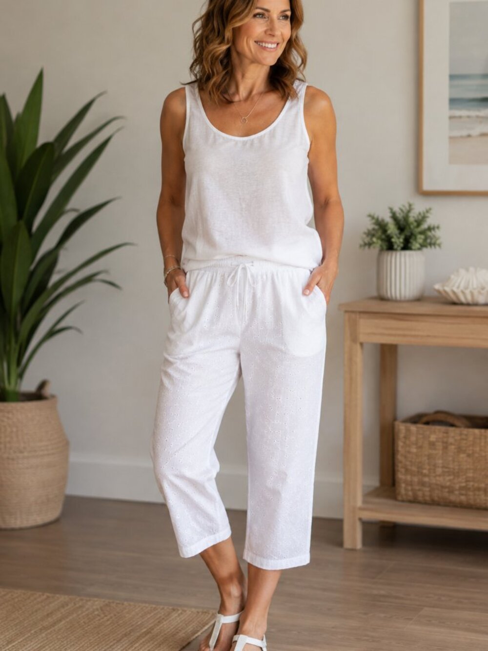White Eyelet Cotton Capris Pants - NEW